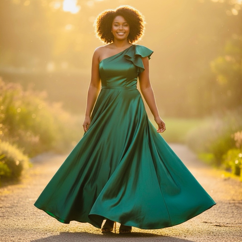 Miss Veil Emerald Green One-Shoulder Bow Satin Formal Dress Gown Pockets Size L